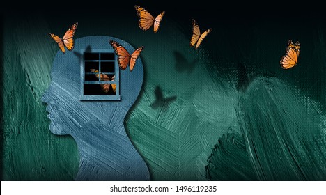 Graphic abstract design of concept of being emotionally or mentally set free. Simple, dramatic and dreamlike art composed of iconic butterflies, and opened window.