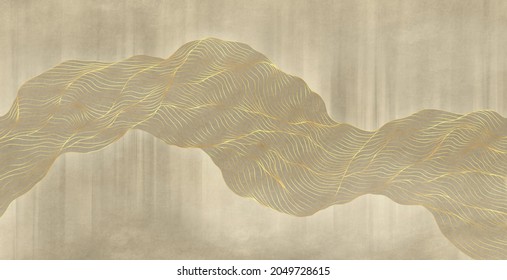 Graphic Abstraction. A Cascade Of Smooth Golden Lines In Beige Tones. Interior Printing, Template For Printing