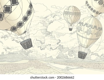 Graphic air balloons painted on a grunge wall. Light background. Design for wallpaper, wall mural, card, postcard, photo wallpaper.