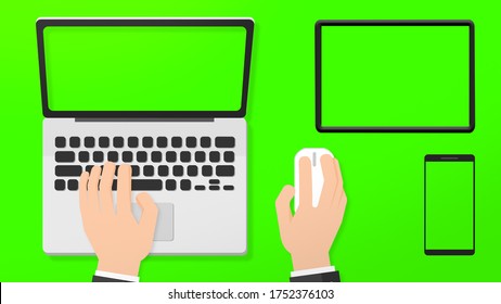 Graphic Businessman Working On Laptop Keyboard Pushing Keys Click Mouse And Phone Tablet Top View On Desk. Green Background On The Screen. Office Desk Concept. Flat Style