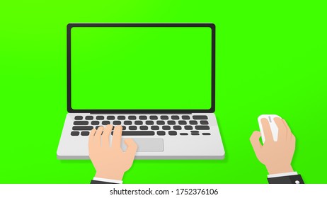 Graphic Businessman Working On Laptop Keyboard Pushing Keys Click Mouse On Desk. On Green Screen. Office Desk Concept. On Green Screen