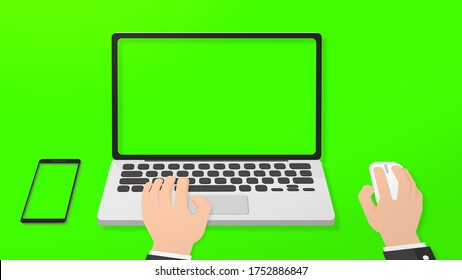 Graphic Businessman Working On Laptop  Keyboard Pushing Keys Click Mouse And Phone On Desk. On Green Screen. Office Desk Concept. On Green Screen