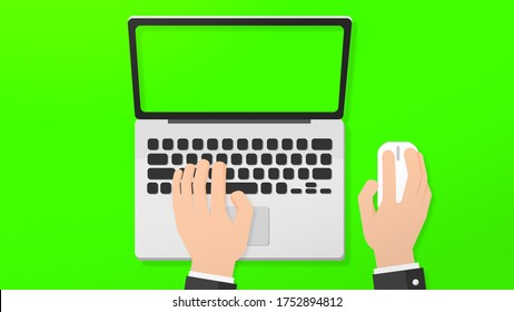 Graphic Businessman Working On Laptop Keyboard Pushing Keys Click Mouse Top View On Desk. Green Background On The Screen. Office Desk Concept. Flat Style