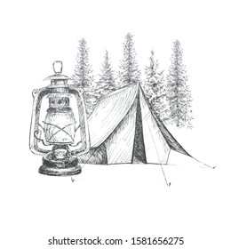 Graphic camping themed clipart  isolated on a white background.Camping tent,vintage lantern and forest landscape illustrations.Travel concept design set.