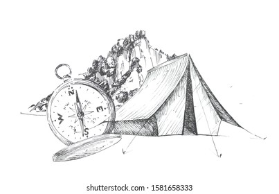 Graphic camping themed clipart  isolated on a white background.Camping tent,vintage compass,forest and mountains landscape illustrations.Travel concept design set.