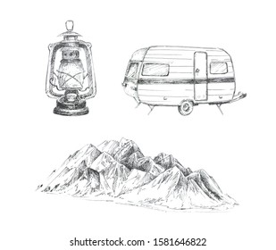 Graphic camping themed clipart set  isolated on a white background.Camping van,vintage lantern and mountains landscape illustrations.Travel concept design set.