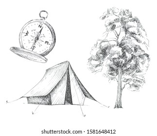 Graphic camping themed clipart set  isolated on a white background.Tent,vintage compass and tree illustrations.Travel concept design set.