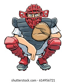 Graphic Cartoon Illustration Of A Male Baseball Catcher, With Full Equipment And Making A Hand-signal
