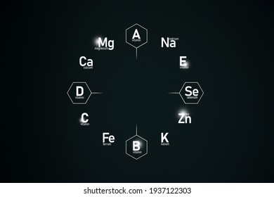 Graphic Cirlce Of Top Vitamins And Microelements On Dark Green Background. Template For Beauty Product Design