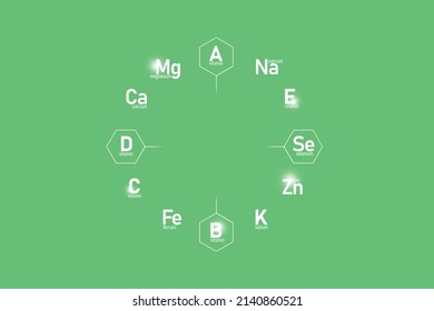 Graphic Cirlce Of Top Vitamins And Microelements On Dark Green Background. Template For Beauty Product Design. Light Green Background