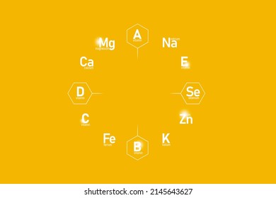 Graphic Cirlce Of Top Vitamins And Microelements. Template For Beauty Product Design. Yellow Background