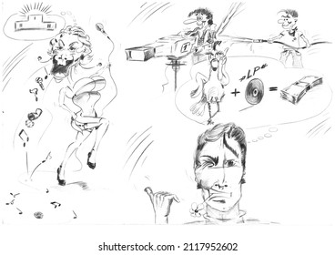 Graphic Comic Drawing Of Attractive, Bad Singer Girl With Microphone On Stage