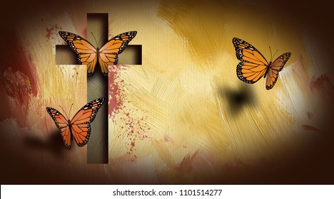 Graphic Composition Of The Cross Of Jesus Setting Free A Trio Of Beautiful Butterflies. Art Suitable For Possible Use As Greeting Card Cover As Well As Stand Alone Image.