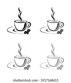 A graphic design of four cups of steaming coffee in different shades of gray, isolated on a white background.