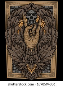 Graphic Design Illustration Of Metal Hand Emblem And Skull On It With Carved Ornament Style
Graphic Design Illustrations Great For Metal Band Backgrounds Or Posters