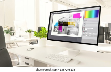 Graphic Design Screen Mockup Computer In Loft Office 3d Rendering