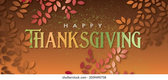 Graphic Design Of The Sentiment Happy Thanksgiving Holiday Message. Art Created With Seasonal Fall Leaf Icons. Suitable For Seasonal Use As Header, Background, Holiday Display Or Greeting Card Art.