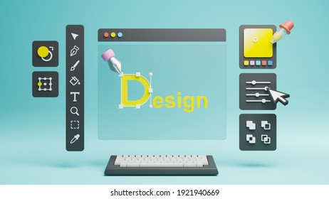 Graphic Designer Creative Creator Design Logo Artwork Curve Pen Tool Illustration Equipment Icons Digital Computer Display Workspace. Graphic Design Software. 3d Rendering.