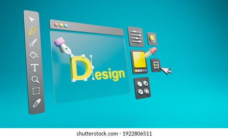 Graphic designer creative creator design logo artwork curve pen tool illustration equipment icons digital computer display workspace. Graphic design software. 3d rendering. - Powered by Shutterstock