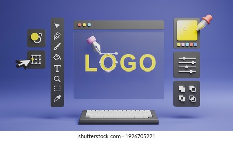 Graphic Designer Creative Creator Design Logo Artwork Curve Pen Tool Illustration Equipment Icons Digital Computer Display Workspace. Graphic Design Software. 3d Rendering.