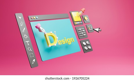 Graphic Designer Creative Creator Design Logo Artwork Curve Pen Tool Illustration Equipment Icons Digital Computer Display Workspace. Graphic Design Software. 3d Rendering.