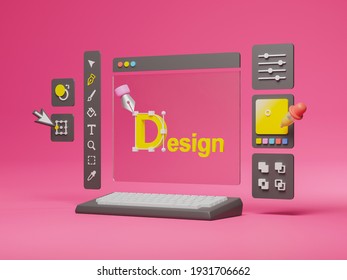 Graphic Designer Creative Creator Design Logo Artwork Curve Pen Tool Illustration Equipment Icons Digital Computer Display Workspace. Graphic Design Software. 3d Rendering.