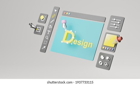 Graphic Designer Creative Creator Design Logo Artwork Curve Pen Tool Illustration Equipment Icons Digital Computer Display Workspace. Graphic Design Software. 3d Rendering.