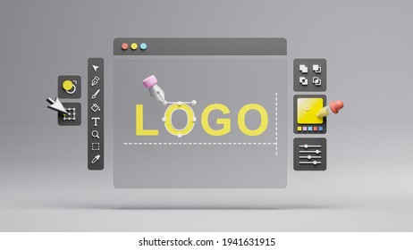 Graphic Designer Creative Creator Design Logo Artwork Curve Pen Tool Illustration Equipment Icons Digital Computer Display Workspace. Graphic Design Software. 3d Rendering.