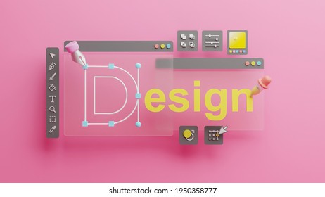 Graphic designer creative creator design logo artwork curve pen tool illustration equipment icons digital computer display workspace. Graphic design software. 3d rendering.