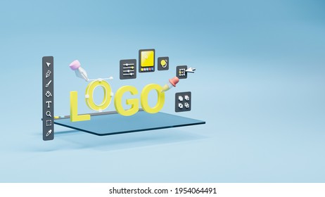 Graphic Designer Creative Creator Design Logo Artwork Curve Pen Tool Illustration Equipment Icons Digital Computer Display Workspace. Graphic Design Software. 3d Rendering.