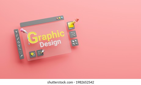 Graphic Designer Creative Creator Design Logo Artwork Curve Pen Tool Illustration Equipment Icons Digital Computer Display Workspace. Graphic Design Software. 3d Rendering.