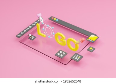 Graphic Designer Creative Creator Design Logo Artwork Curve Pen Tool Illustration Equipment Icons Digital Computer Display Workspace. Graphic Design Software. 3d Rendering.