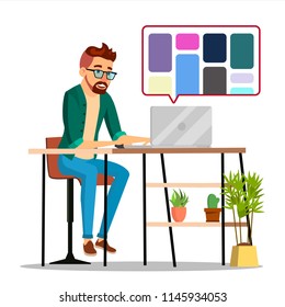Graphic Designer Working  Man Searching For References On Popular Creative Web Site  Freelance Concept  Illustration