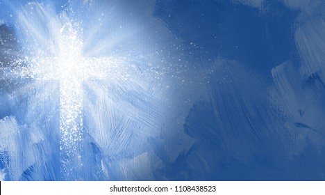 Graphic digital illustration of the Christian Cross of Jesus Christ and rays of light.  Conceptual composition of spattered brushed strokes of the Biblical symbol of atonement and sacrifice.