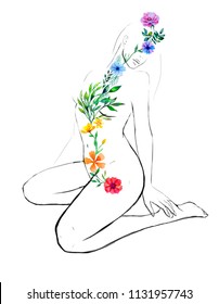 
graphic drawing of a female figure with painted chakras, hand drawn sketch in digital format, girl in meditation