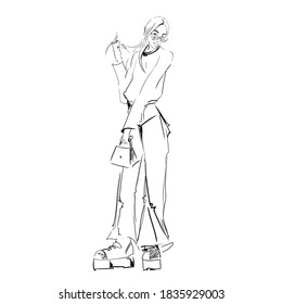 Graphic Drawing Of A Model Girl Who Stands In Full Growth With A Handbag In Her Hands, A Teenager In Bell Bottoms