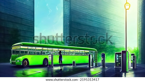 graphic of electric bus at charging\
station,futuristic\
city