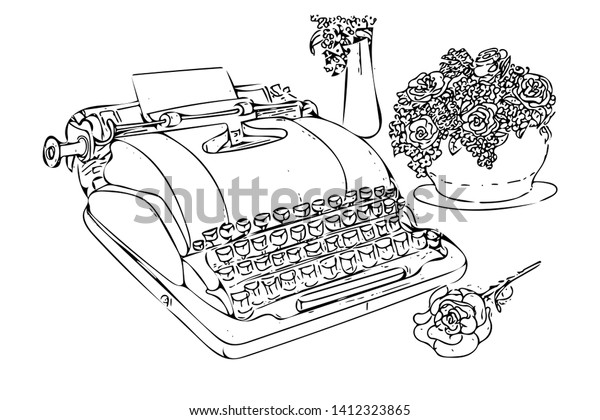 Graphic\
elements drawn with ink. Black-and-white graphics for design. Set\
of hand drawn design elements. Collection of black ink abstract\
textures. Typewriter and flowers, isolated\
