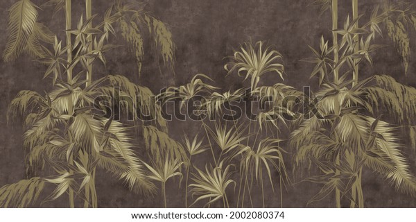 Graphic exotic flowers on the concrete grunge wall. Dark background. Designed for photo wallpaper, wallpaper, mural design in the loft, classic, modern style. Tropical brunches. 