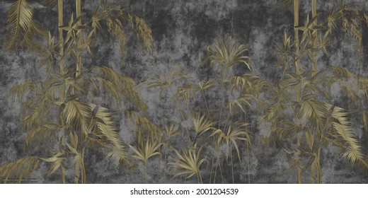 Graphic Exotic Leaves And Flowers, Tropical Brunches On The Concrete Grunge Wall. Dark Background. Illustration For Photo Wallpaper, Wallpaper, Mural, Card. Design In The Loft, Classic, Modern Style. 