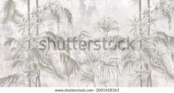 Graphic exotic leaves and flowers, tropical brunches on the concrete grunge wall. Light background. Illustration for photo wallpaper, mural, card, postcard. Design in the loft, classic, modern style. 