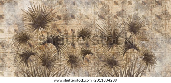 Graphic exotic plants on a textured background. Beige background. Designed for photo wallpaper, photo wallpaper design, loft style photo wallpaper, classic, modern. wall murals in a room or home interior. 