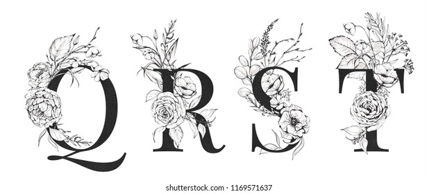 Graphic Floral Alphabet Set - letters Q, R, S, T with black & white flowers bouquet composition. Unique collection for wedding invites decoration, logo and many other concept ideas.
