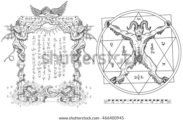 円の中に悪魔 ペンタグラム および天使と悪魔を含む宗教的な枠を持つグラフィック ゴシック セット 手描きの彫刻イラスト オカルト 奥義 のイラスト素材