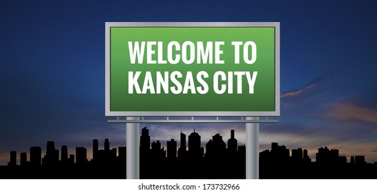 Graphic Of A Green Kansas City, Missouri Of United States Largest Cities Sign On Silhouette Skyline And Sunset Background