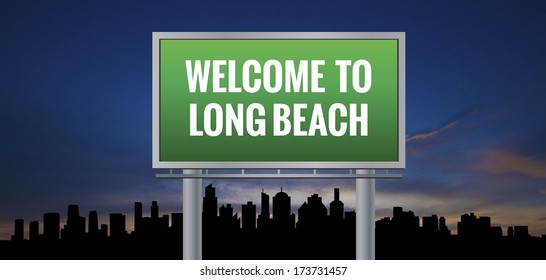 Graphic Of A Green Long Beach, California Of United States Largest Cities Sign On Silhouette Skyline And Sunset Background