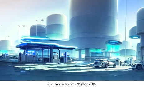 Graphic Of Hydrogen Energy Car At Hydrogen Gas Station,futuristic City