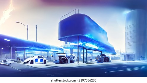 Graphic Of Hydrogen Energy Car At Hydrogen Gas Station,futuristic City