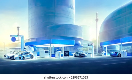 Graphic Of Hydrogen Energy Car At Hydrogen Gas Station,futuristic City