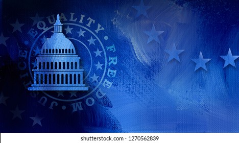 Graphic illustration of American Capitol building icon against mock seal of Equality, freedom and justice on abstract oil paint background. Conceptual graphic for political themed usage.